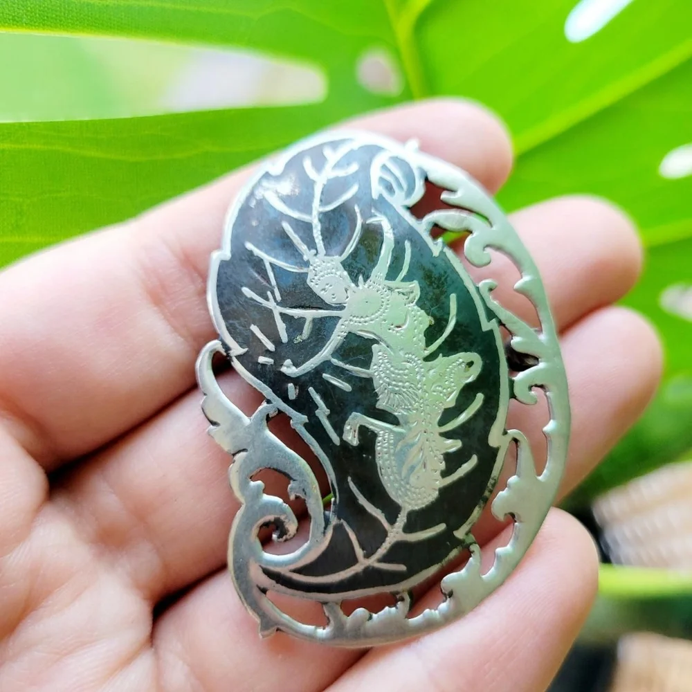 Vintage Old Siam Silver Ornate Lapel Brooch Pin - Picture 6 of 8